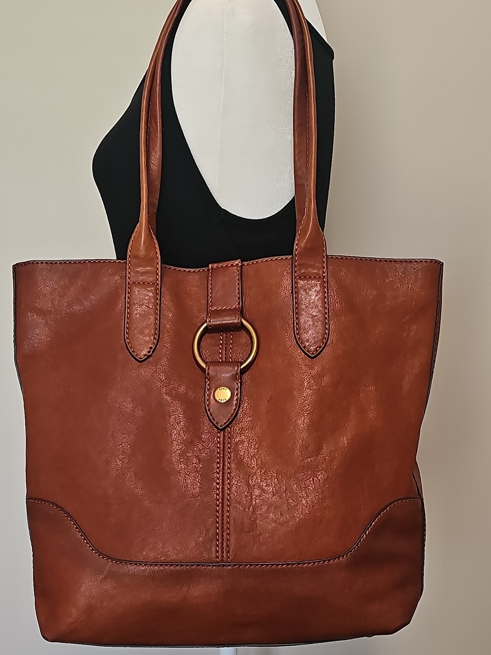 Frye Rustic Brown Leather Tote with Gold Ring Accent